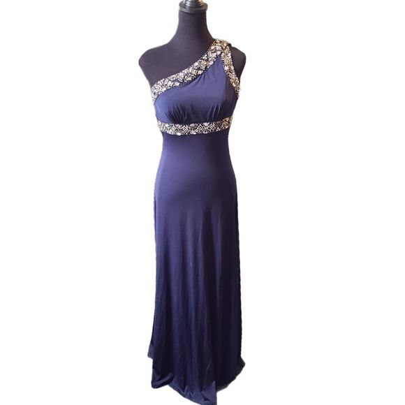 Beata Studio | Midnight Blue One Shoulder Beaded Open Back Gown, Size 9, GUC - Picture 1 of 9